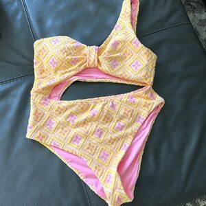 Yellow and pink side cutout bathing suit